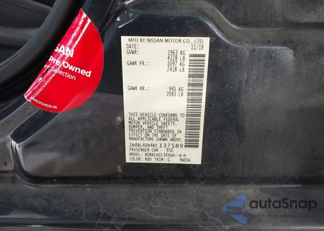 2019 Nissan Altima 2.5 Sv z USA, uszkodzony, nr VIN 1N4BL4DV4KC137589